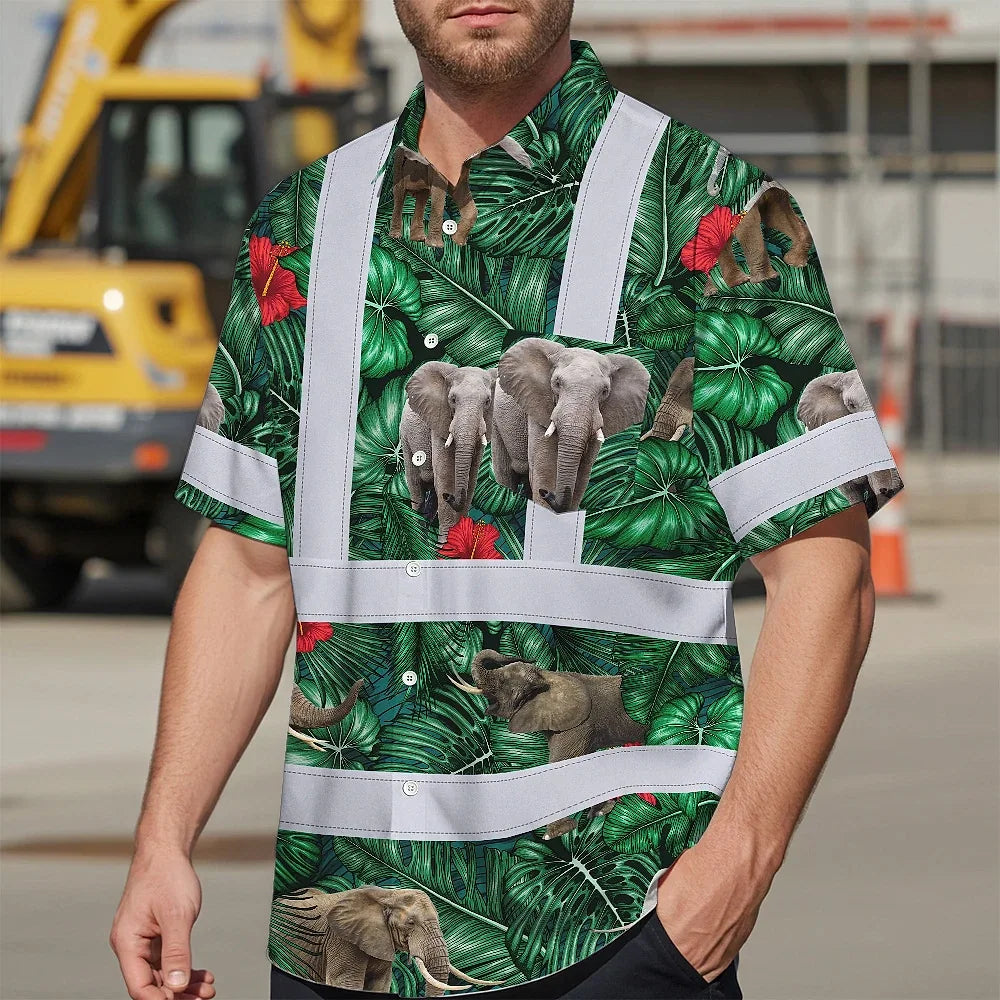 Hi Vis Hawaiian Shirt Reflective Tapes Elephant Flowers Custom Name Safety Workwear For Workers, Truckers, Operators