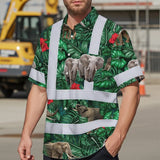 Hi Vis Hawaiian Shirt Reflective Tapes Elephant Flowers Custom Name Safety Workwear For Workers, Truckers, Operators