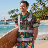 Hi Vis Hawaiian Shirt Reflective Tapes Flower Skull Boat Custom Name Safety Workwear For Workers, Truckers, Operators