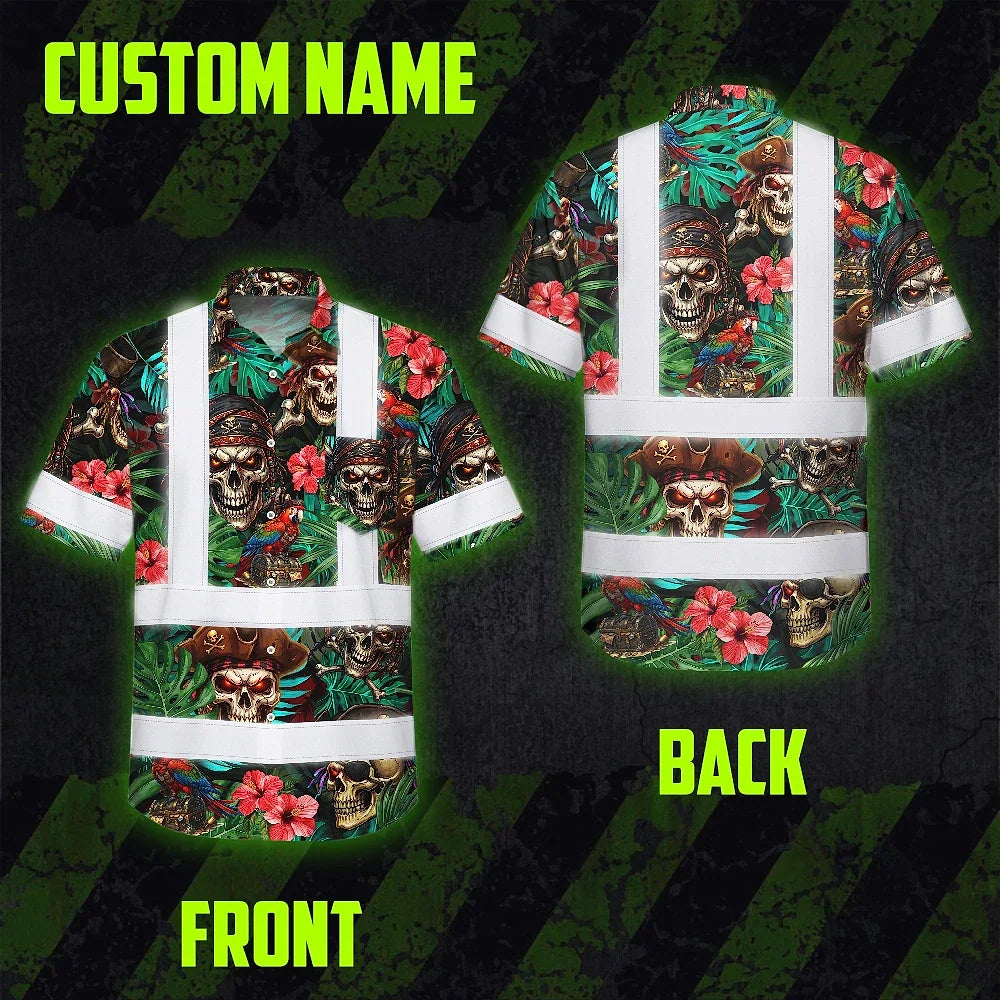 Hi Vis Hawaiian Shirt Reflective Tapes Flower Skull Boat Custom Name Safety Workwear For Workers, Truckers, Operators