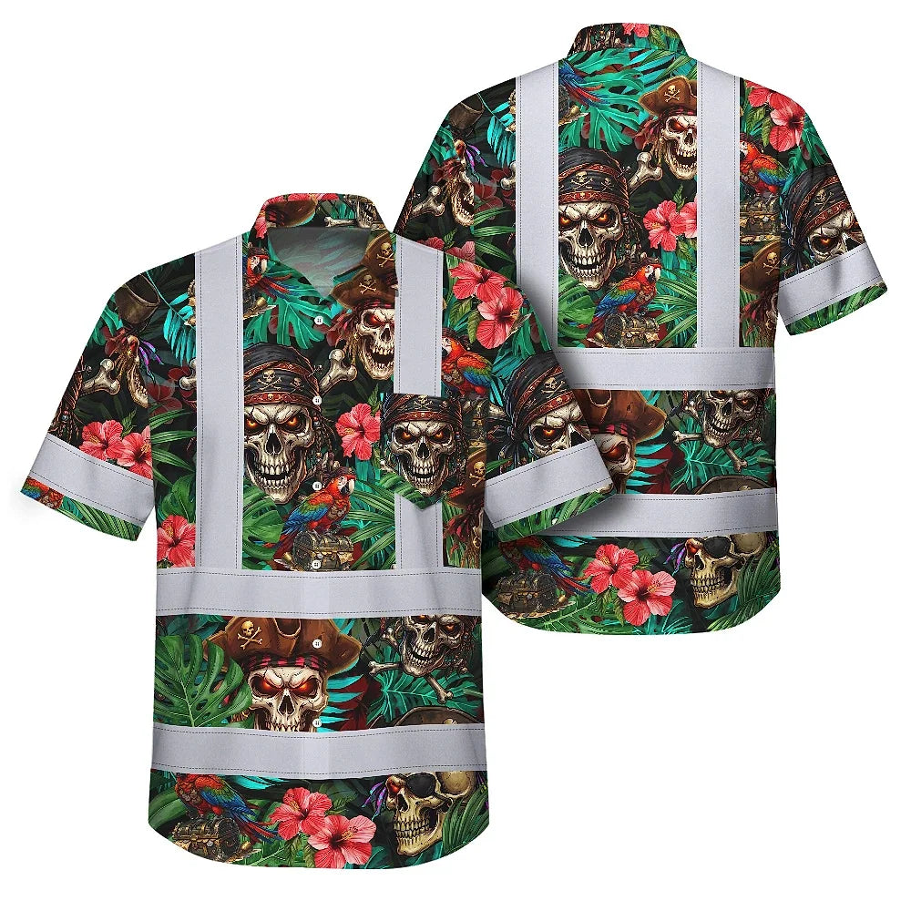 Hi Vis Hawaiian Shirt Reflective Tapes Flower Skull Boat Custom Name Safety Workwear For Workers, Truckers, Operators