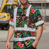 Hi Vis Hawaiian Shirt Reflective Tapes Flower Skull Boat Custom Name Safety Workwear For Workers, Truckers, Operators