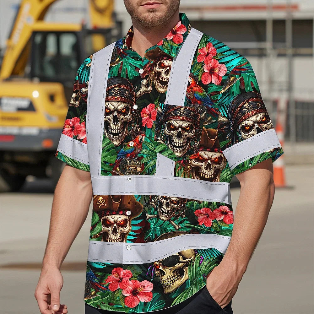 Hi Vis Hawaiian Shirt Reflective Tapes Flower Skull Boat Custom Name Safety Workwear For Workers, Truckers, Operators