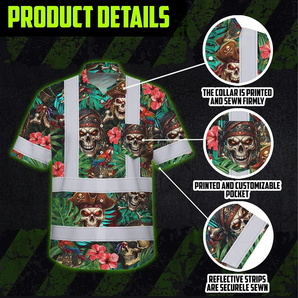 Hi Vis Hawaiian Shirt Reflective Tapes Flower Skull Boat Custom Name Safety Workwear For Workers, Truckers, Operators