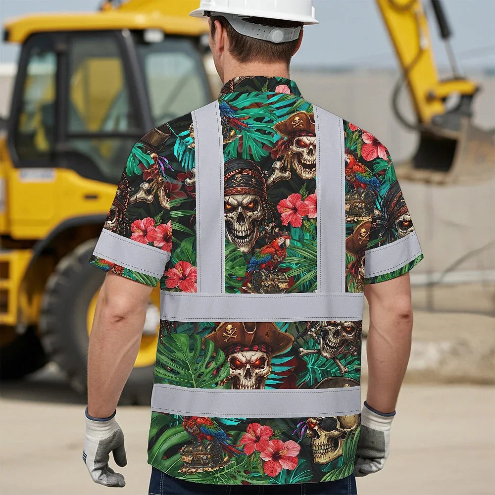 Hi Vis Hawaiian Shirt Reflective Tapes Flower Skull Boat Custom Name Safety Workwear For Workers, Truckers, Operators