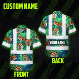 Hi Vis Hawaiian Shirt Reflective Tapes Fox Flowers Custom Name Safety Workwear For Workers, Truckers, Operators