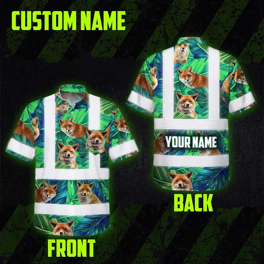 Hi Vis Hawaiian Shirt Reflective Tapes Fox Flowers Custom Name Safety Workwear For Workers, Truckers, Operators