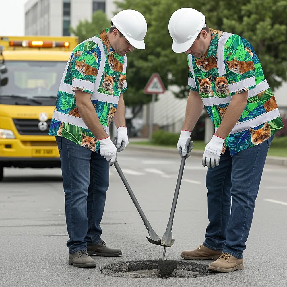 Hi Vis Hawaiian Shirt Reflective Tapes Fox Flowers Custom Name Safety Workwear For Workers, Truckers, Operators