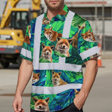 Hi Vis Hawaiian Shirt Reflective Tapes Fox Flowers Custom Name Safety Workwear For Workers, Truckers, Operators