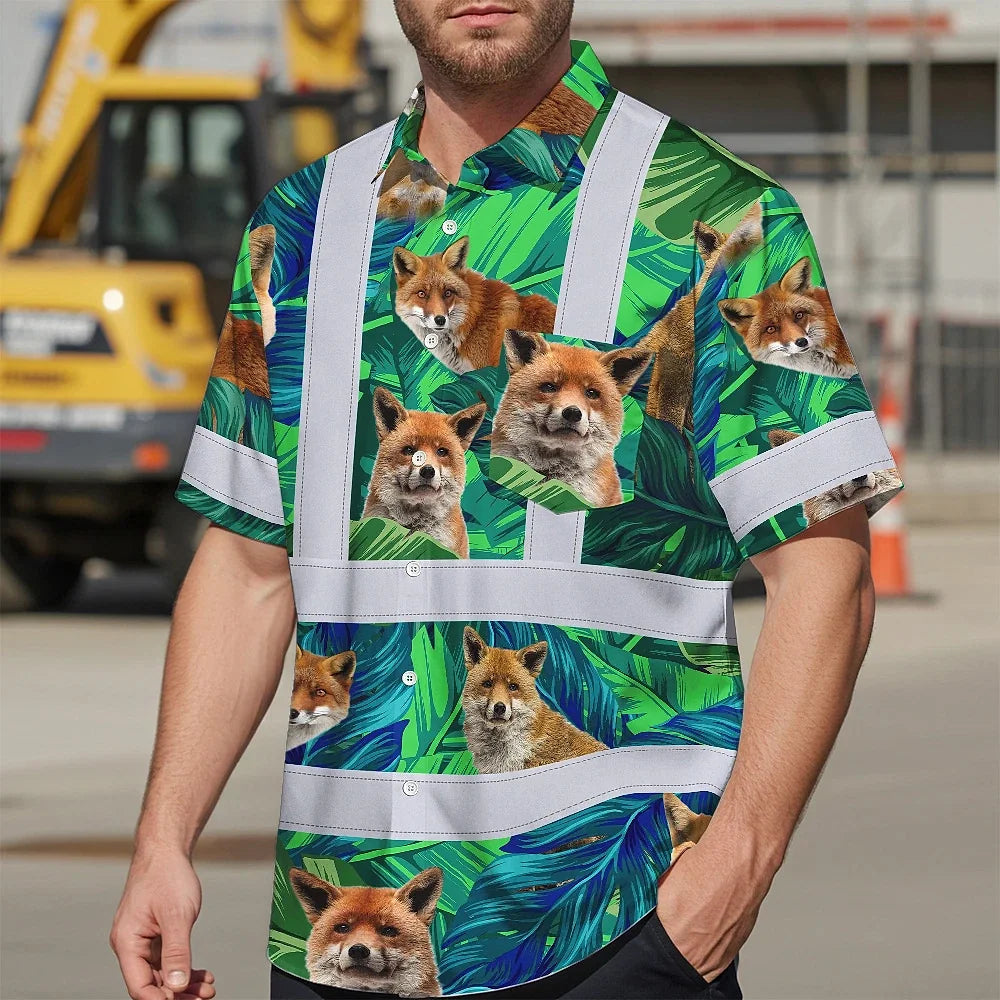 Hi Vis Hawaiian Shirt Reflective Tapes Fox Flowers Custom Name Safety Workwear For Workers, Truckers, Operators