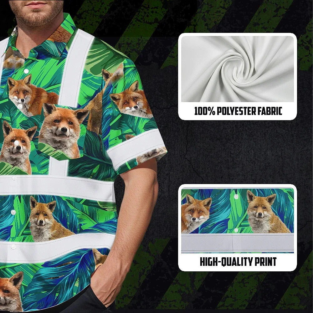 Hi Vis Hawaiian Shirt Reflective Tapes Fox Flowers Custom Name Safety Workwear For Workers, Truckers, Operators