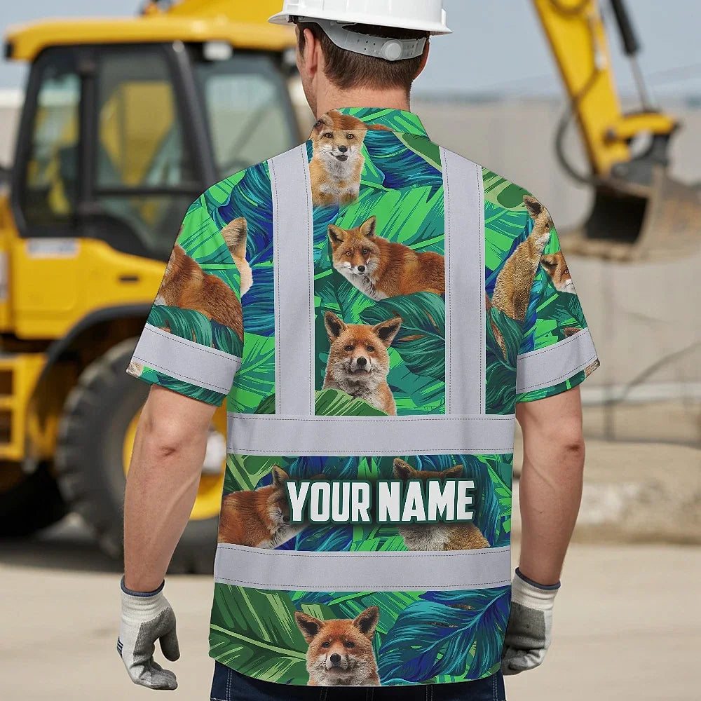 Hi Vis Hawaiian Shirt Reflective Tapes Fox Flowers Custom Name Safety Workwear For Workers, Truckers, Operators