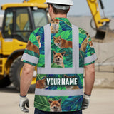 Hi Vis Hawaiian Shirt Reflective Tapes Fox Flowers Custom Name Safety Workwear For Workers, Truckers, Operators