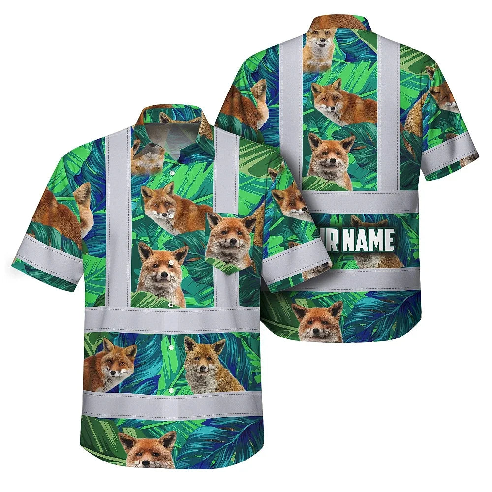 Hi Vis Hawaiian Shirt Reflective Tapes Fox Flowers Custom Name Safety Workwear For Workers, Truckers, Operators