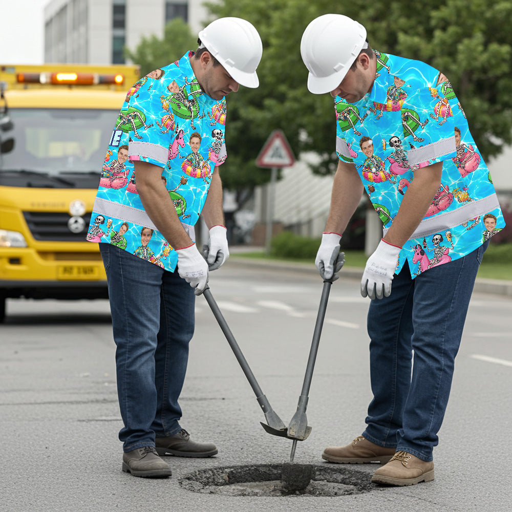 Funny Skeleton Pool Float Hi-Vis Hawaiian Shirt