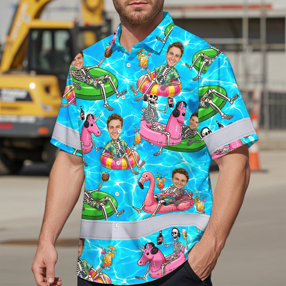 Funny Skeleton Pool Float Hi-Vis Hawaiian Shirt