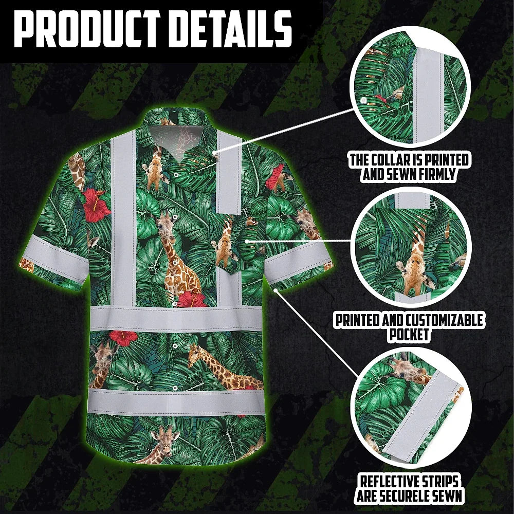 Hi Vis Hawaiian Shirt Reflective Tapes Giraffe Flowers Custom Name Safety Workwear For Workers, Truckers, Operators