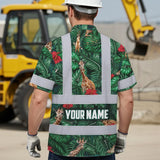 Hi Vis Hawaiian Shirt Reflective Tapes Giraffe Flowers Custom Name Safety Workwear For Workers, Truckers, Operators