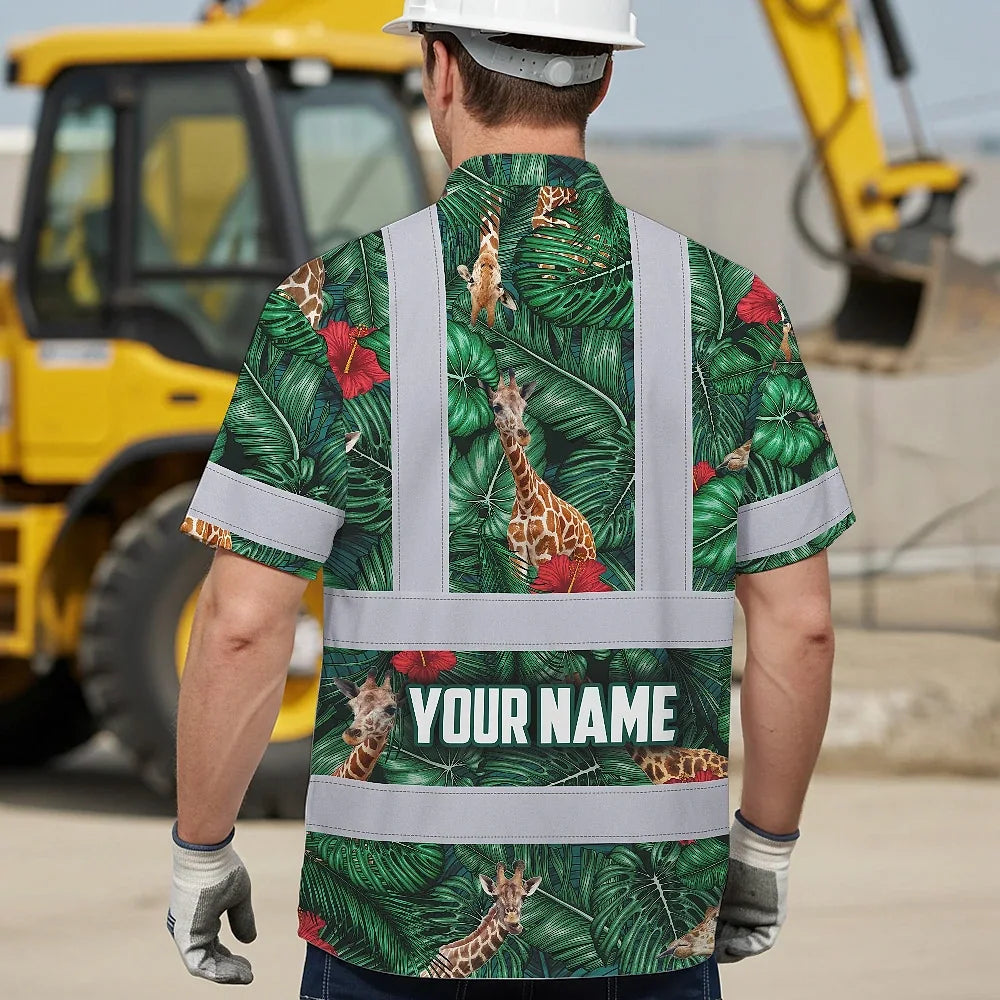 Hi Vis Hawaiian Shirt Reflective Tapes Giraffe Flowers Custom Name Safety Workwear For Workers, Truckers, Operators