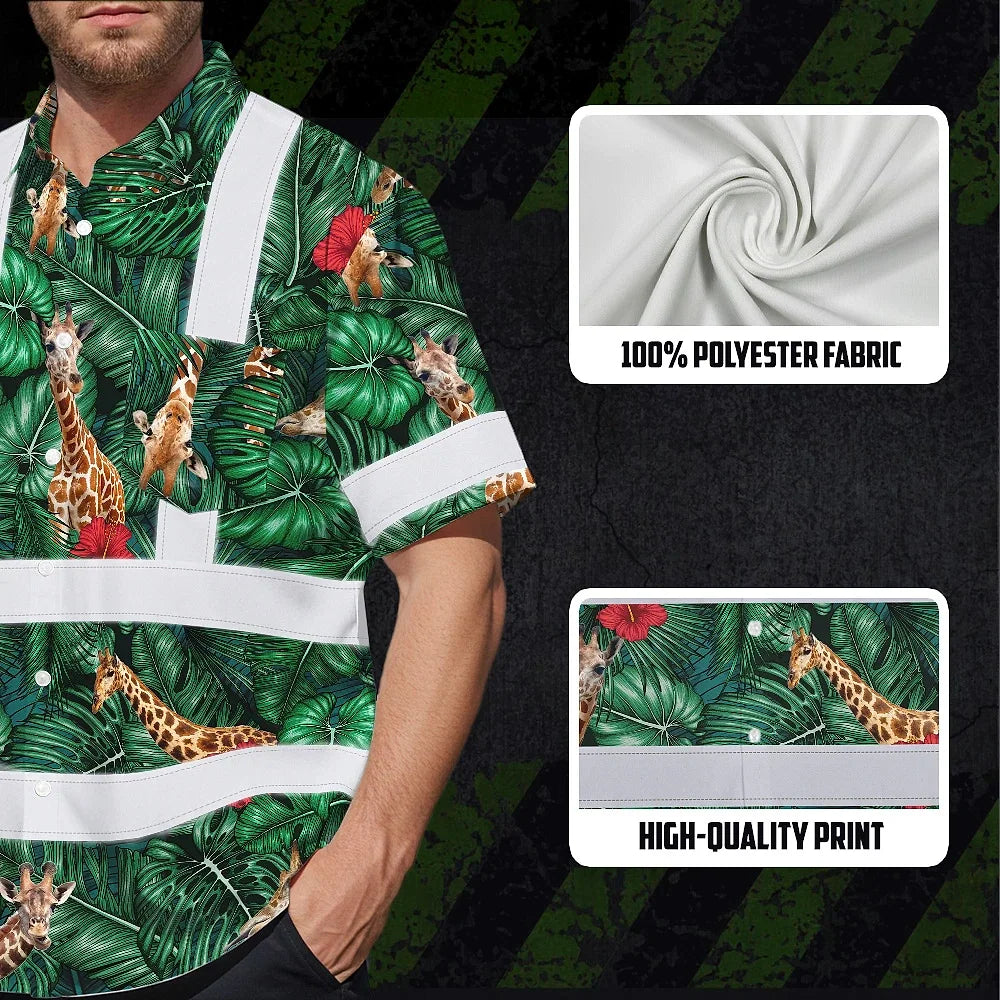 Hi Vis Hawaiian Shirt Reflective Tapes Giraffe Flowers Custom Name Safety Workwear For Workers, Truckers, Operators
