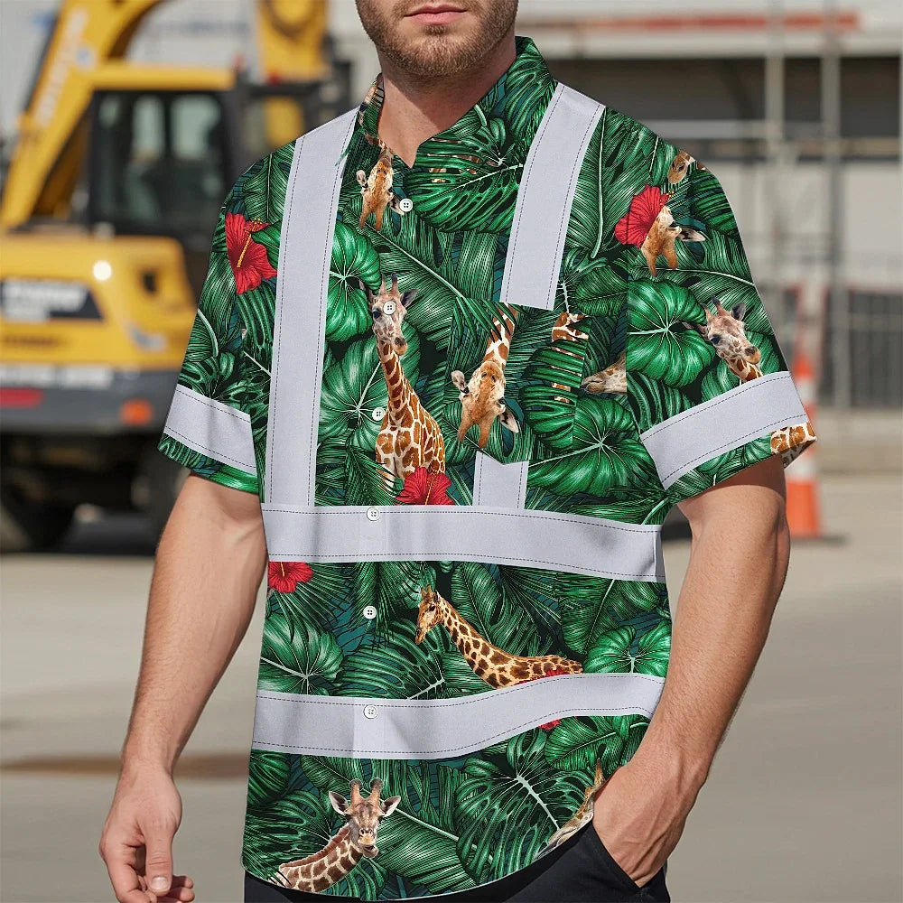 Hi Vis Hawaiian Shirt Reflective Tapes Giraffe Flowers Custom Name Safety Workwear For Workers, Truckers, Operators