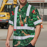 Hi Vis Hawaiian Shirt Reflective Tapes Giraffe Flowers Custom Name Safety Workwear For Workers, Truckers, Operators