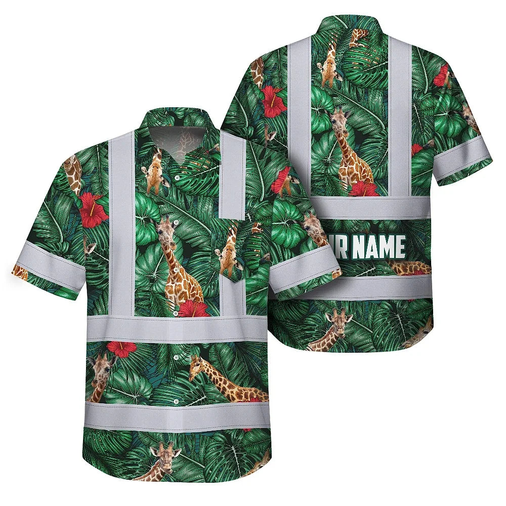 Hi Vis Hawaiian Shirt Reflective Tapes Giraffe Flowers Custom Name Safety Workwear For Workers, Truckers, Operators