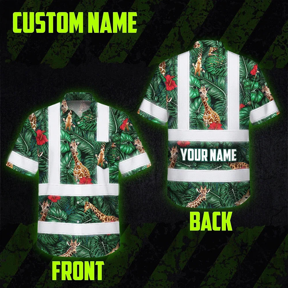 Hi Vis Hawaiian Shirt Reflective Tapes Giraffe Flowers Custom Name Safety Workwear For Workers, Truckers, Operators