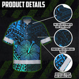 Hi Vis Hawaiian Shirt Reflective Tapes Gradient Blue Flower Polynesian Tribal Custom Name Safety Workwear For Workers, Truckers, Operators