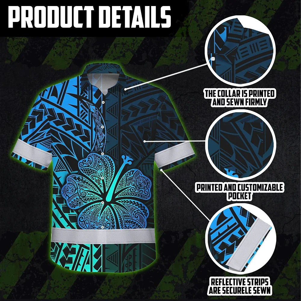 Hi Vis Hawaiian Shirt Reflective Tapes Gradient Blue Flower Polynesian Tribal Custom Name Safety Workwear For Workers, Truckers, Operators