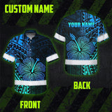 Hi Vis Hawaiian Shirt Reflective Tapes Gradient Blue Flower Polynesian Tribal Custom Name Safety Workwear For Workers, Truckers, Operators