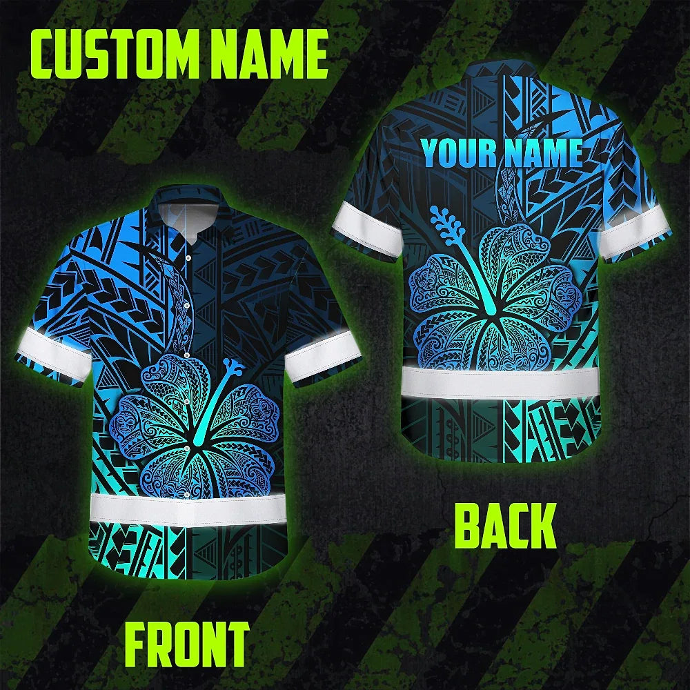 Hi Vis Hawaiian Shirt Reflective Tapes Gradient Blue Flower Polynesian Tribal Custom Name Safety Workwear For Workers, Truckers, Operators