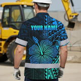 Hi Vis Hawaiian Shirt Reflective Tapes Gradient Blue Flower Polynesian Tribal Custom Name Safety Workwear For Workers, Truckers, Operators