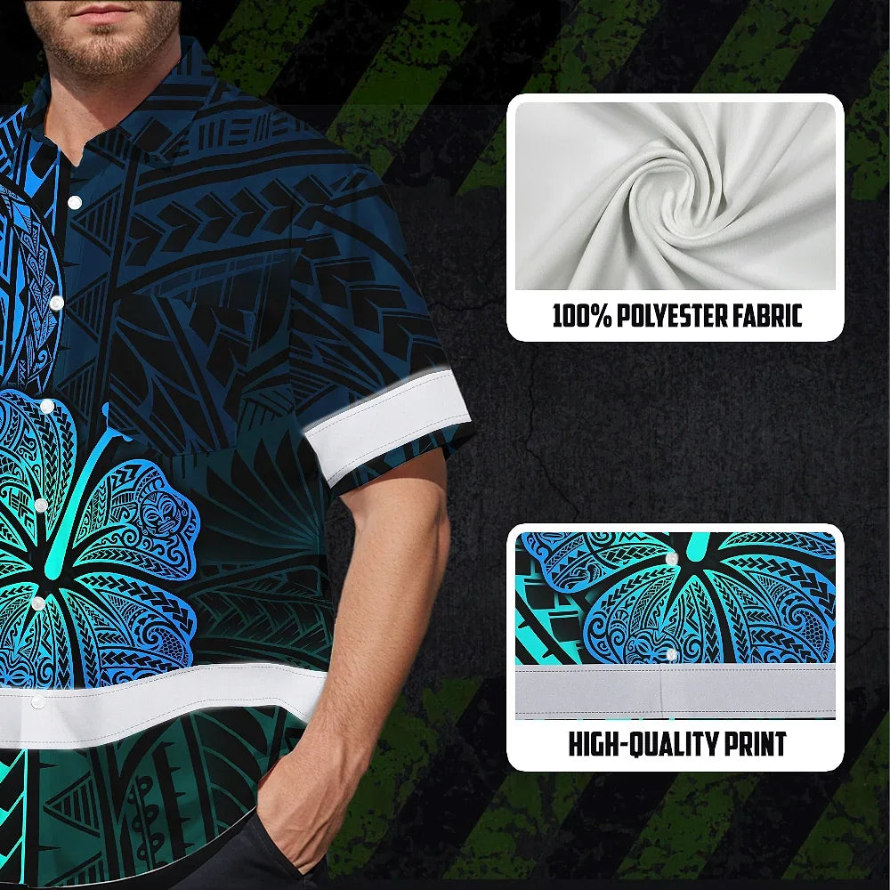 Hi Vis Hawaiian Shirt Reflective Tapes Gradient Blue Flower Polynesian Tribal Custom Name Safety Workwear For Workers, Truckers, Operators