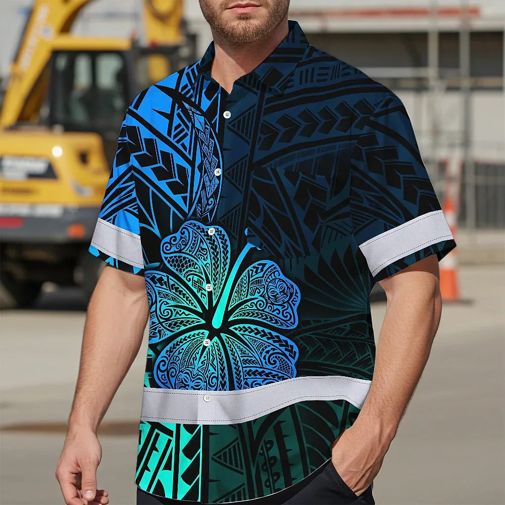 Hi Vis Hawaiian Shirt Reflective Tapes Gradient Blue Flower Polynesian Tribal Custom Name Safety Workwear For Workers, Truckers, Operators