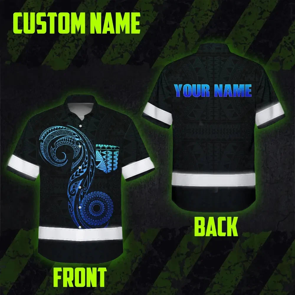 Hi Vis Hawaiian Shirt Reflective Tapes Gradient Blue Neon Hawaii Custom Name