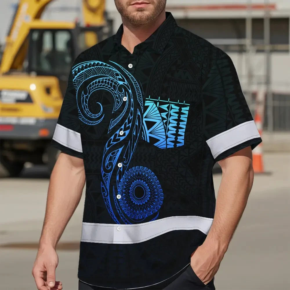 Hi Vis Hawaiian Shirt Reflective Tapes Gradient Blue Neon Hawaii Custom Name