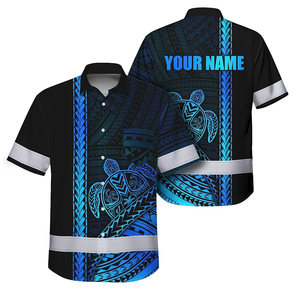 Hi Vis Hawaiian Shirt Reflective Tapes Gradient Blue Neon Polynesian Turtle Custom Name Safety Workwear For Workers, Truckers, Operators
