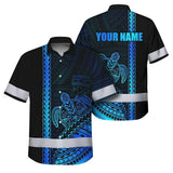Hi Vis Hawaiian Shirt Reflective Tapes Gradient Blue Neon Polynesian Turtle Custom Name Safety Workwear For Workers, Truckers, Operators