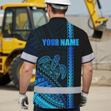 Hi Vis Hawaiian Shirt Reflective Tapes Gradient Blue Neon Polynesian Turtle Custom Name Safety Workwear For Workers, Truckers, Operators