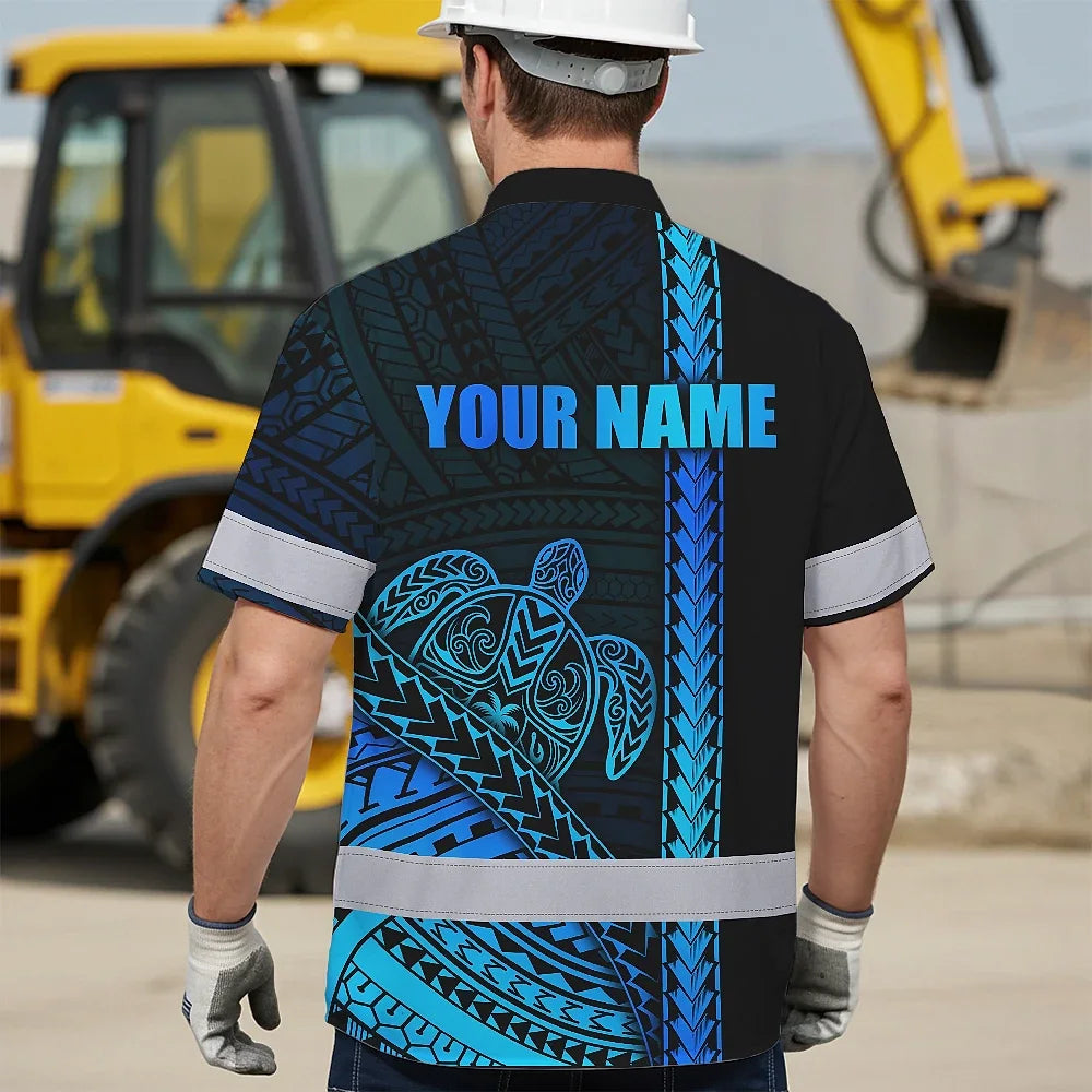 Hi Vis Hawaiian Shirt Reflective Tapes Gradient Blue Neon Polynesian Turtle Custom Name Safety Workwear For Workers, Truckers, Operators