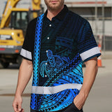 Hi Vis Hawaiian Shirt Reflective Tapes Gradient Blue Neon Polynesian Turtle Custom Name Safety Workwear For Workers, Truckers, Operators
