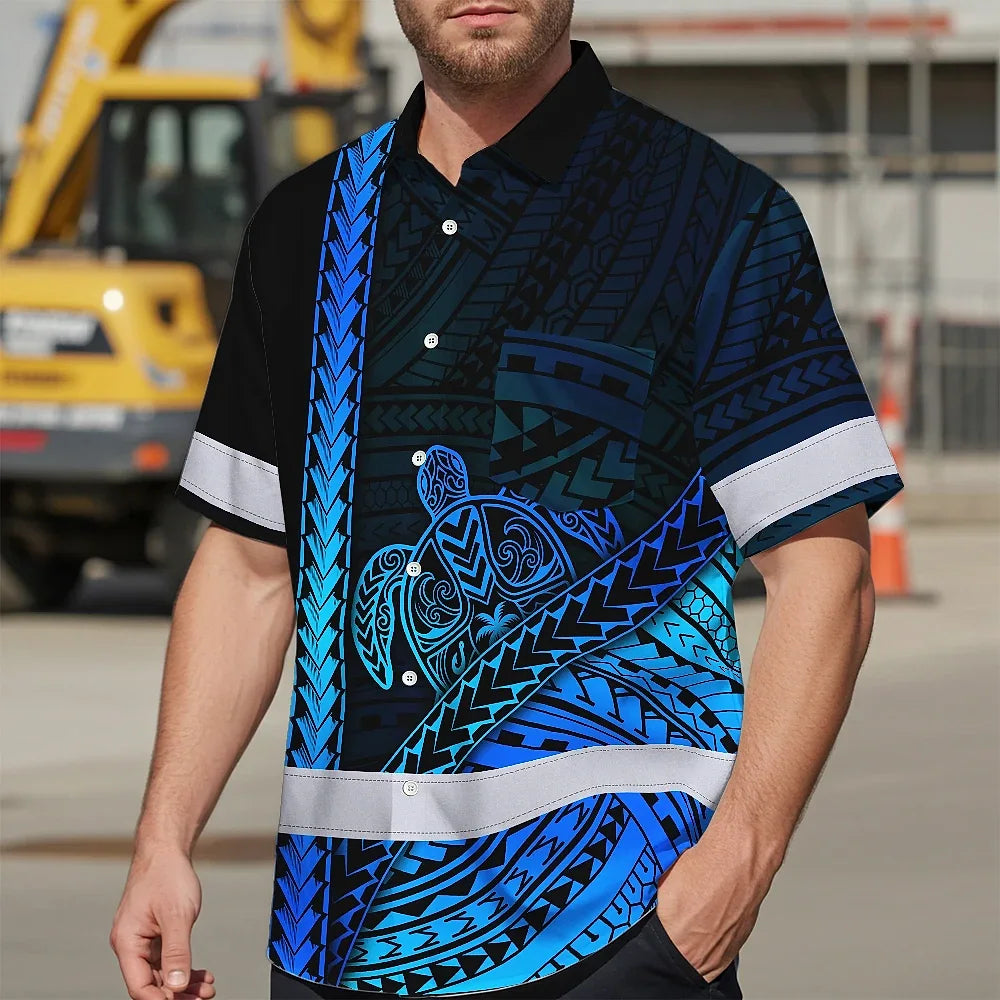 Hi Vis Hawaiian Shirt Reflective Tapes Gradient Blue Neon Polynesian Turtle Custom Name Safety Workwear For Workers, Truckers, Operators