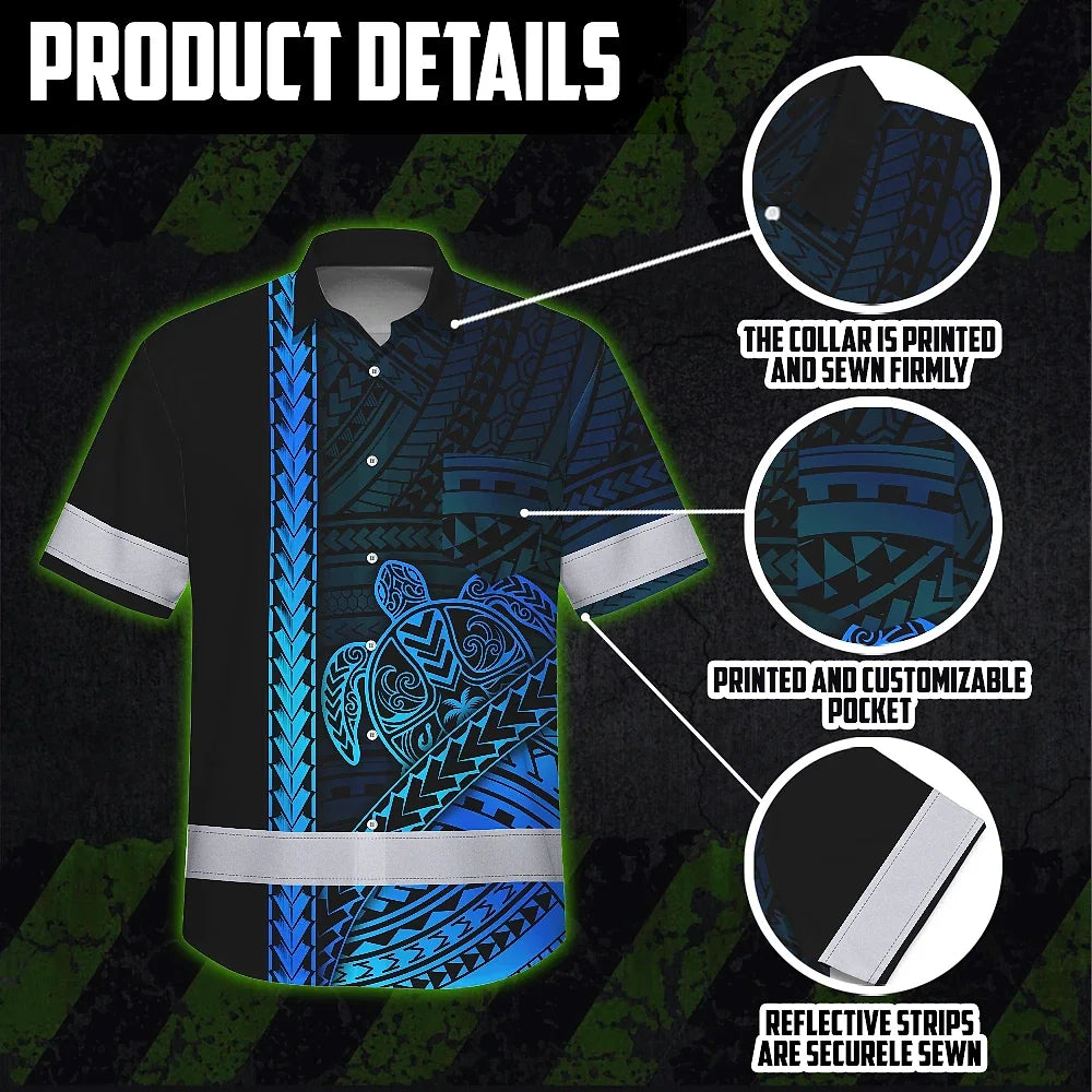 Hi Vis Hawaiian Shirt Reflective Tapes Gradient Blue Neon Polynesian Turtle Custom Name Safety Workwear For Workers, Truckers, Operators