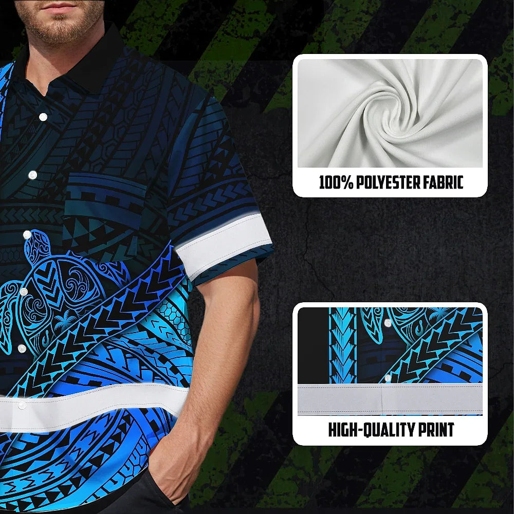 Hi Vis Hawaiian Shirt Reflective Tapes Gradient Blue Neon Polynesian Turtle Custom Name Safety Workwear For Workers, Truckers, Operators