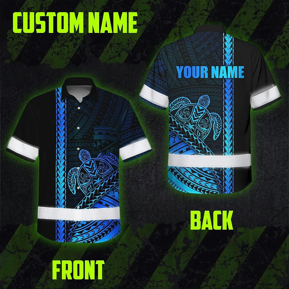 Hi Vis Hawaiian Shirt Reflective Tapes Gradient Blue Neon Polynesian Turtle Custom Name Safety Workwear For Workers, Truckers, Operators
