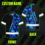 Hi Vis Hawaiian Shirt Reflective Tapes Gradient Blue Neon Skull Custom Name Safety Workwear For Workers, Truckers, Operators