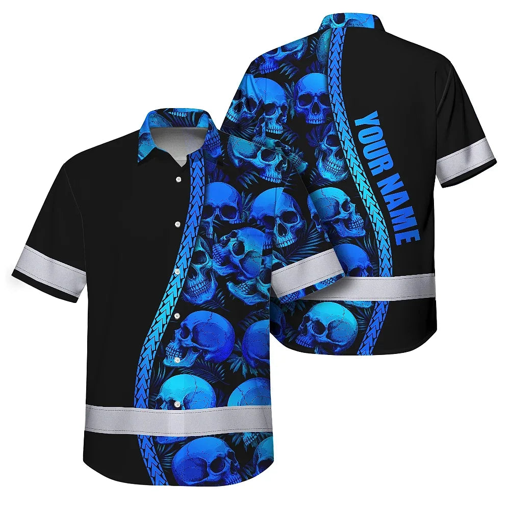 Hi Vis Hawaiian Shirt Reflective Tapes Gradient Blue Neon Skull Custom Name Safety Workwear For Workers, Truckers, Operators
