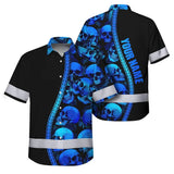 Hi Vis Hawaiian Shirt Reflective Tapes Gradient Blue Neon Skull Custom Name Safety Workwear For Workers, Truckers, Operators