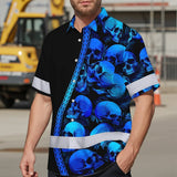 Hi Vis Hawaiian Shirt Reflective Tapes Gradient Blue Neon Skull Custom Name Safety Workwear For Workers, Truckers, Operators
